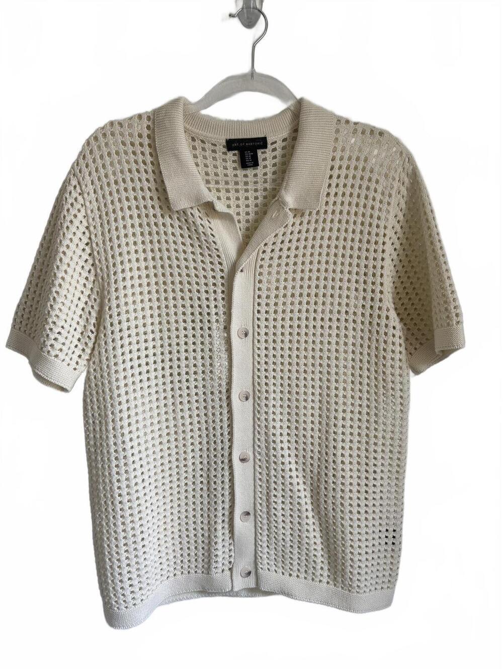 Art of Rhetoric | Men’s Cream Short Sleeve Open Knit Button Up Sweater Shirt